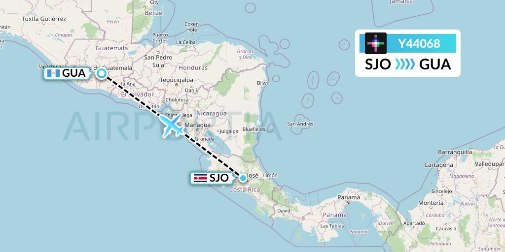 Y44068 Volaris Flight Map: San Jose to Guatemala City