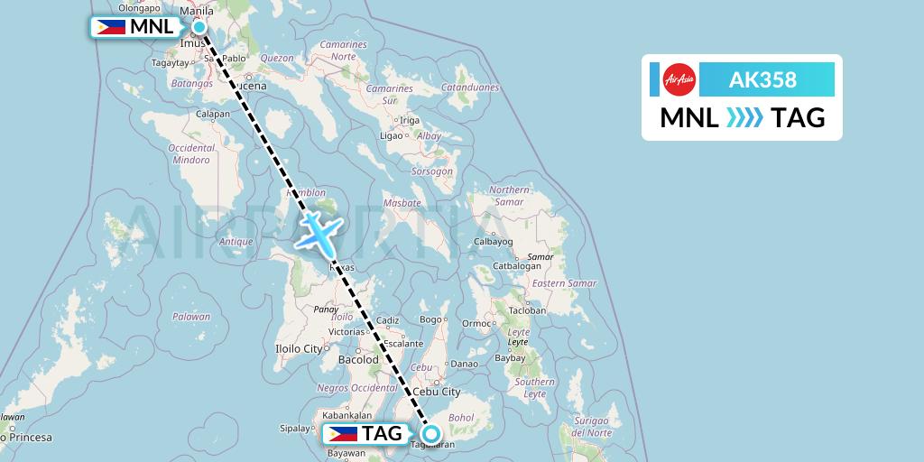 AK358 AirAsia Flight Map: Manila to Tagbilaran City