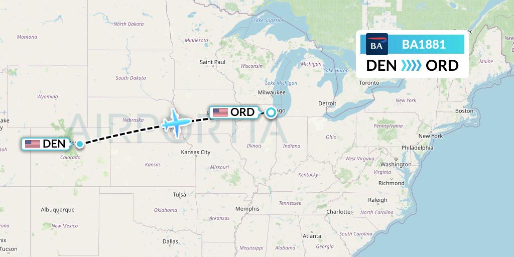 BA1881 British Airways Flight Map: Denver to Chicago