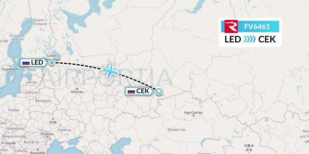 FV6461 Rossiya Flight Map: St. Petersburg to Chelyabinsk