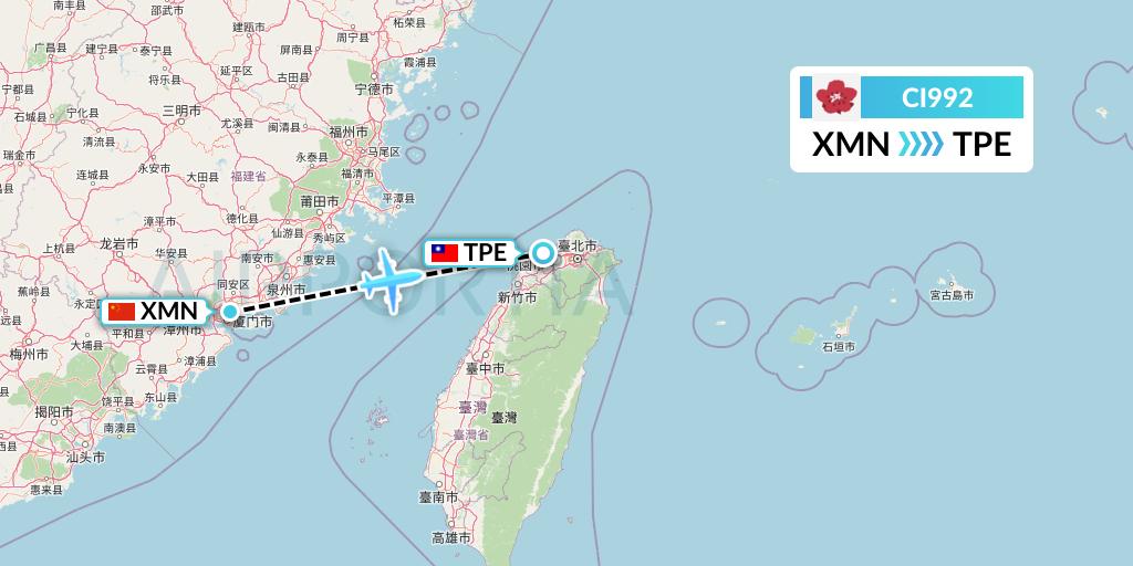 CI992 China Airlines Flight Map: Xiamen to Taipei