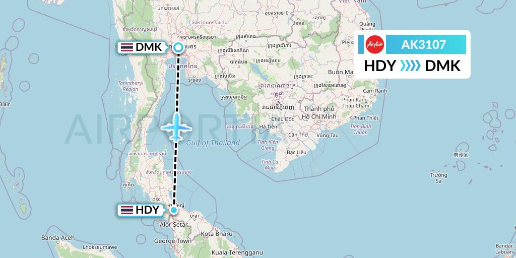 AK3107 AirAsia Flight Map: Hat Yai to Bangkok