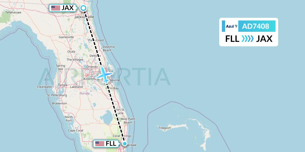 AD7408 Azul Brazilian Airlines Flight Map: Fort Lauderdale to Jacksonville