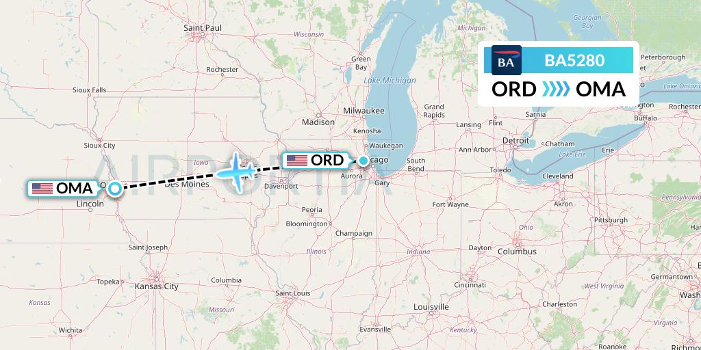 BA5280 British Airways Flight Map: Chicago to Omaha