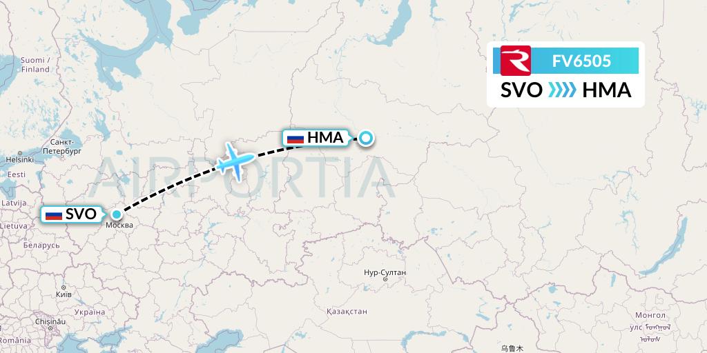 FV6505 Rossiya Flight Map: Moscow to Khanty-Mansiysk