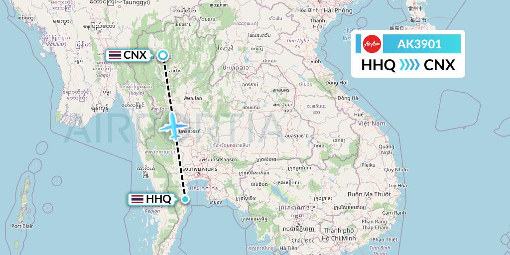 AK3901 AirAsia Flight Map: Hua Hin to Chiang Mai