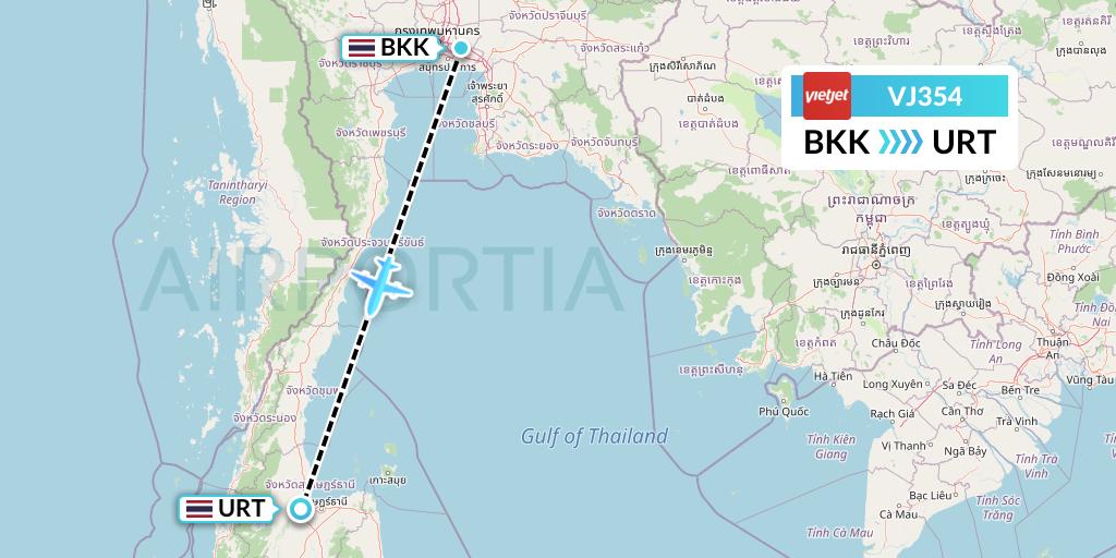 VJ354 VietJet Air Flight Map: Bangkok to Surat Thani