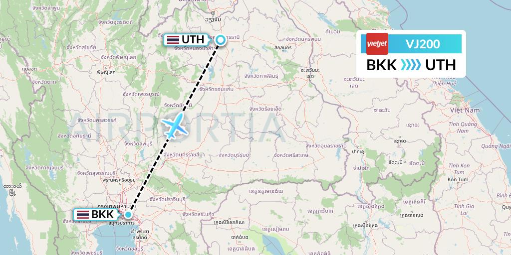 VJ200 VietJet Air Flight Map: Bangkok to Udon Thani