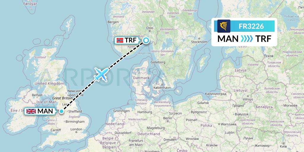 FR3226 Ryanair Flight Map: Manchester to Oslo