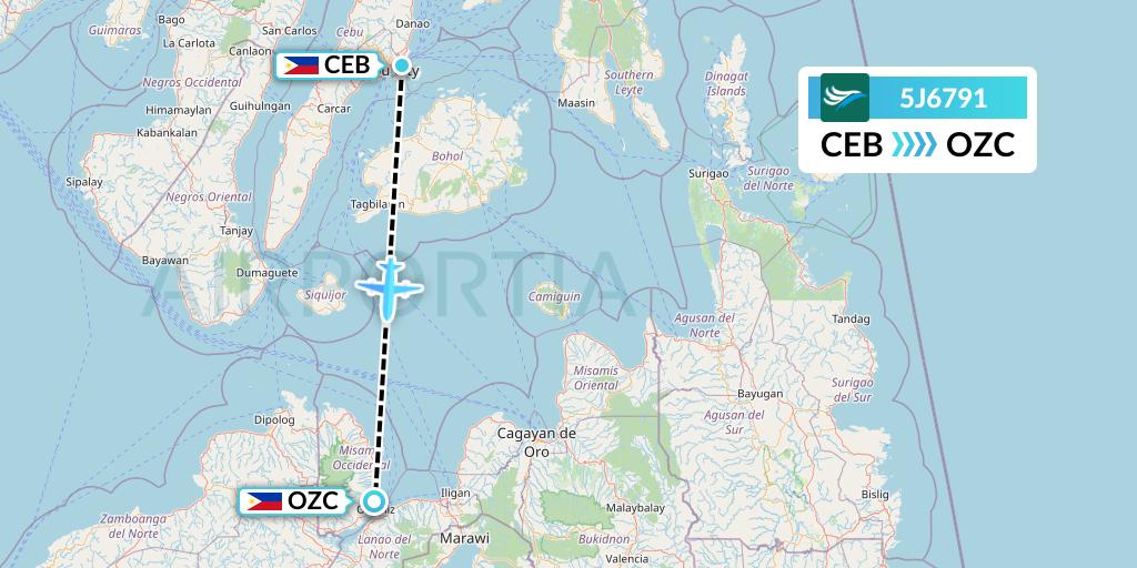 5J6791 CEBU Pacific Air Flight Map: Cebu to Ozamiz
