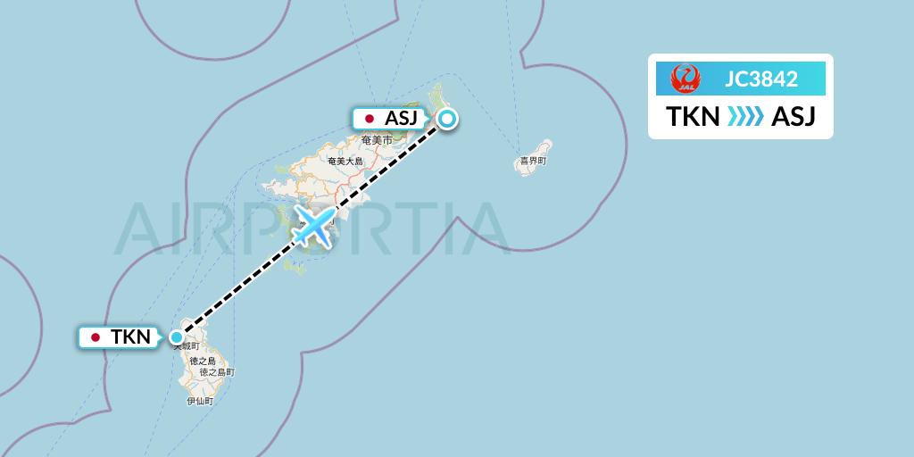JC3842 Japan Air Commuter Flight Map: Tokunoshima to Amami