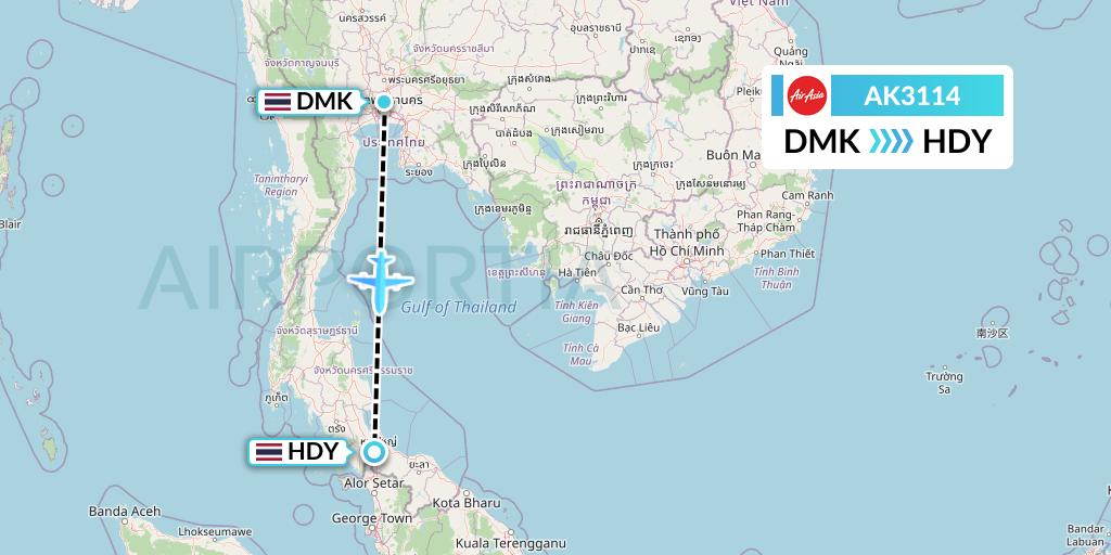 AK3114 AirAsia Flight Map: Bangkok to Hat Yai