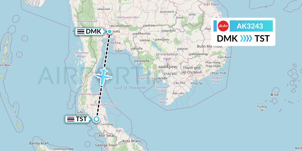AK3243 AirAsia Flight Map: Bangkok to Trang