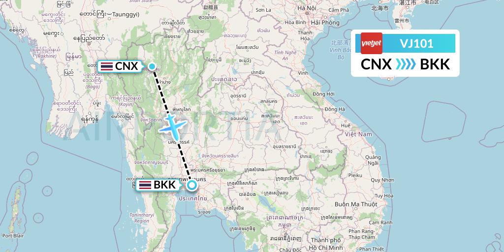VJ101 VietJet Air Flight Map: Chiang Mai to Bangkok