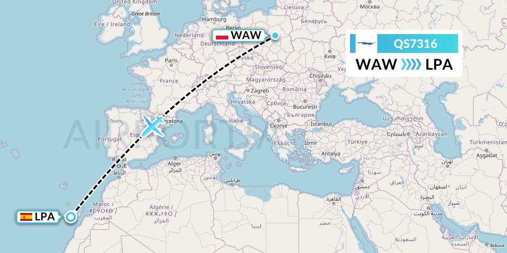 QS7316 Smartwings Flight Map: Warsaw to Las Palmas