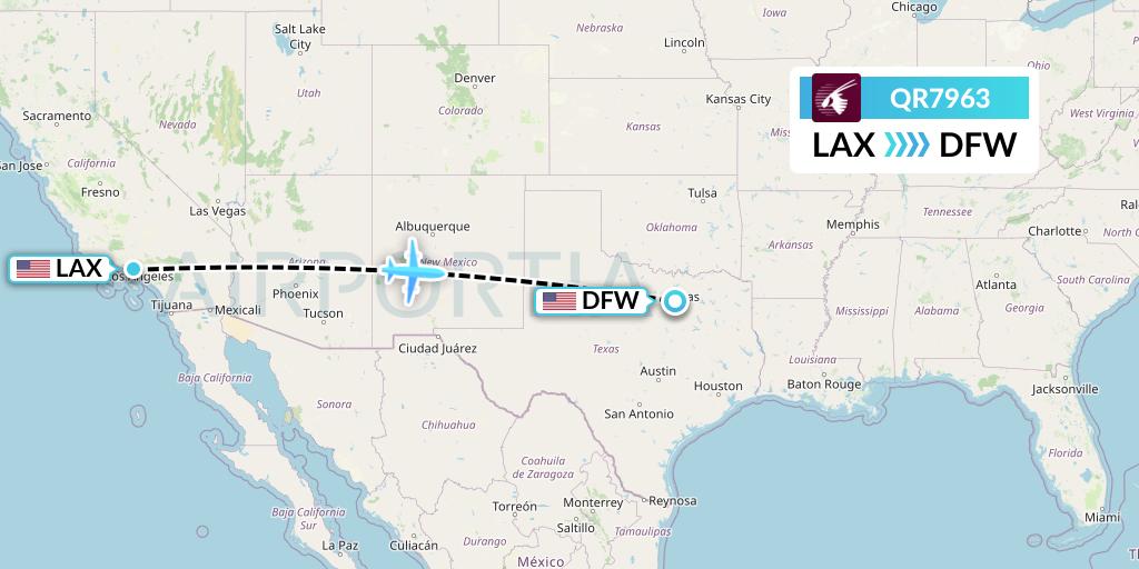 QR7963 Qatar Airways Flight Map: Los Angeles to Dallas