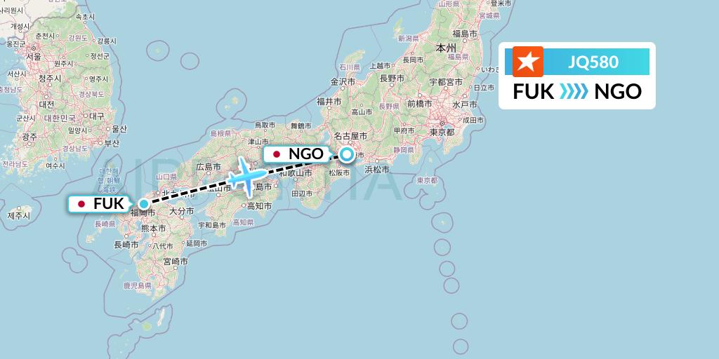JQ580 Jetstar Airways Flight Map: Fukuoka to Nagoya