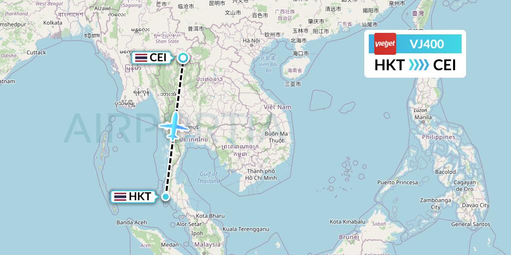 VJ400 VietJet Air Flight Map: Phuket to Chiang Rai