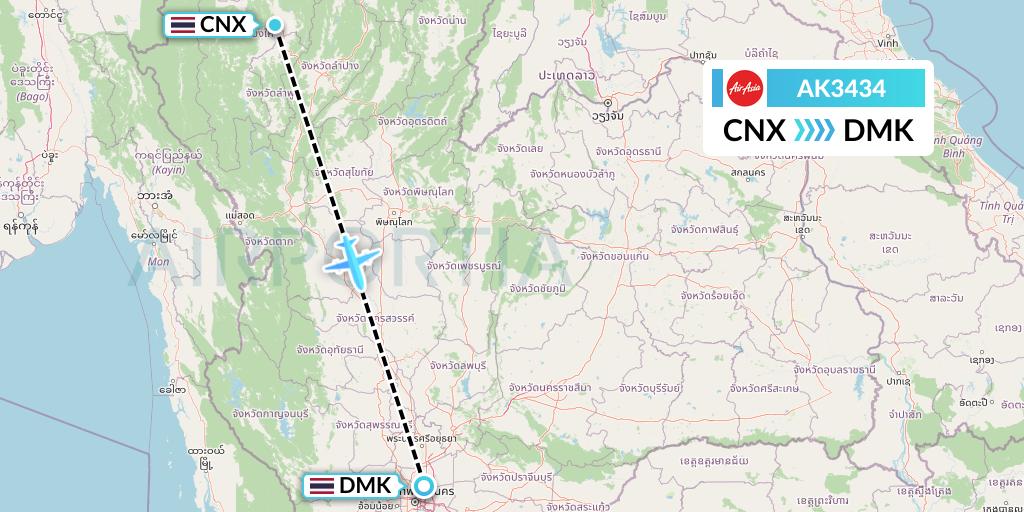 AK3434 AirAsia Flight Map: Chiang Mai to Bangkok