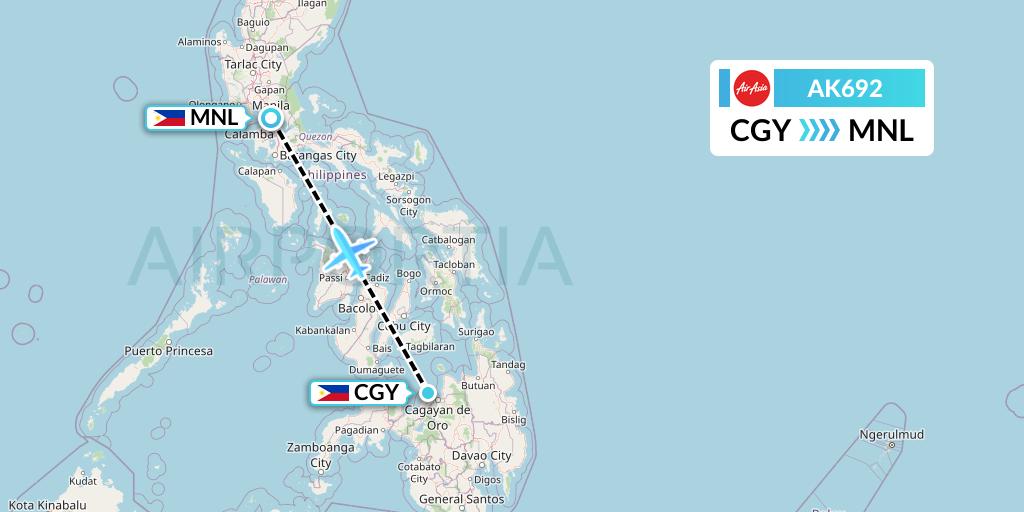 AK692 AirAsia Flight Map: Cagayan de Oro to Manila