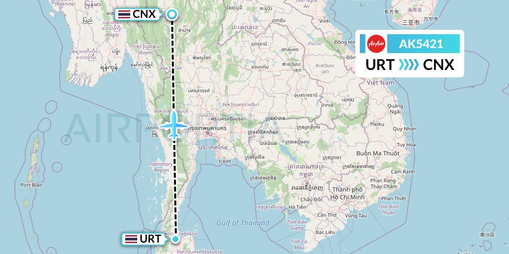 AK5421 AirAsia Flight Map: Surat Thani to Chiang Mai