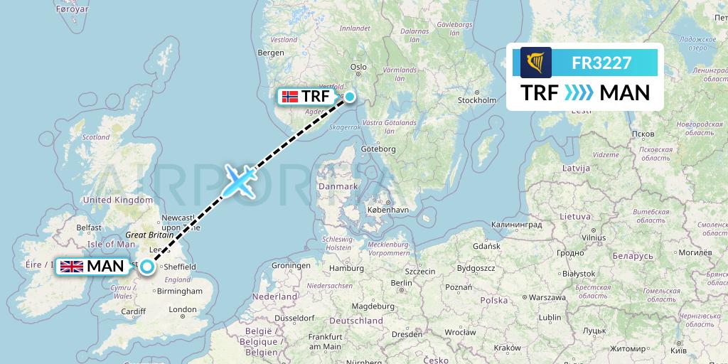 FR3227 Ryanair Flight Map: Oslo to Manchester