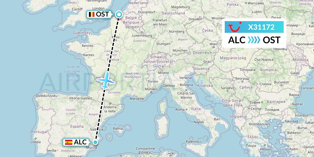 X31172 TUI fly Germany Flight Map: Alicante to Ostend