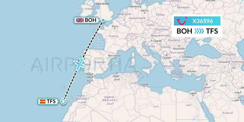 X36596 TUI fly Germany Flight Map: Bournemouth to Tenerife