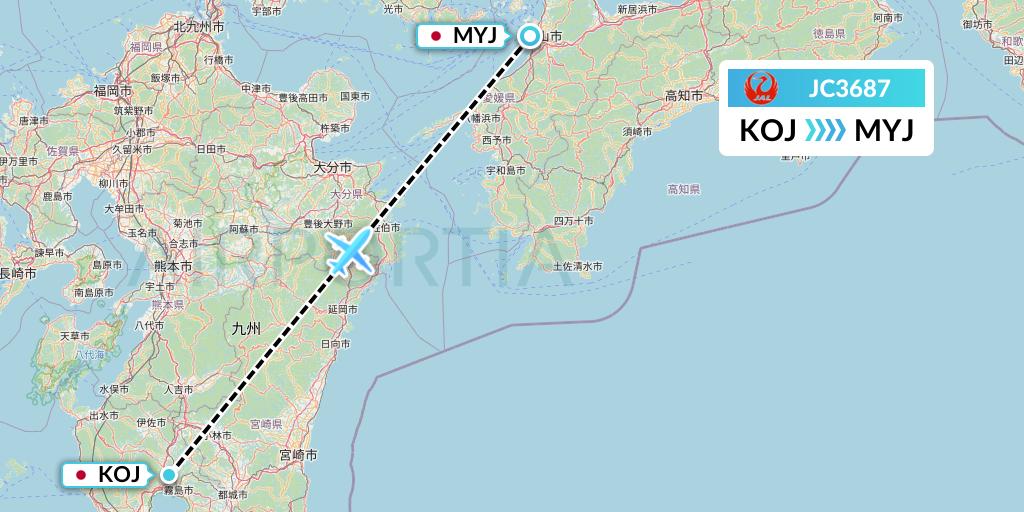 JC3687 Japan Air Commuter Flight Map: Kagoshima to Matsuyama