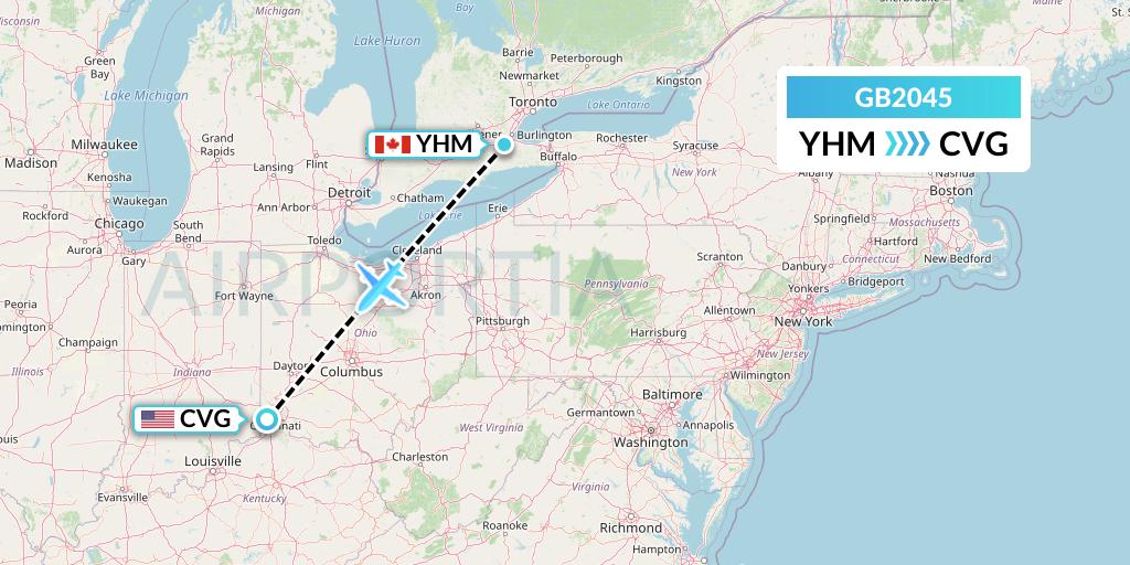 GB2045 ABX Air Flight Map: Hamilton to Cincinnati