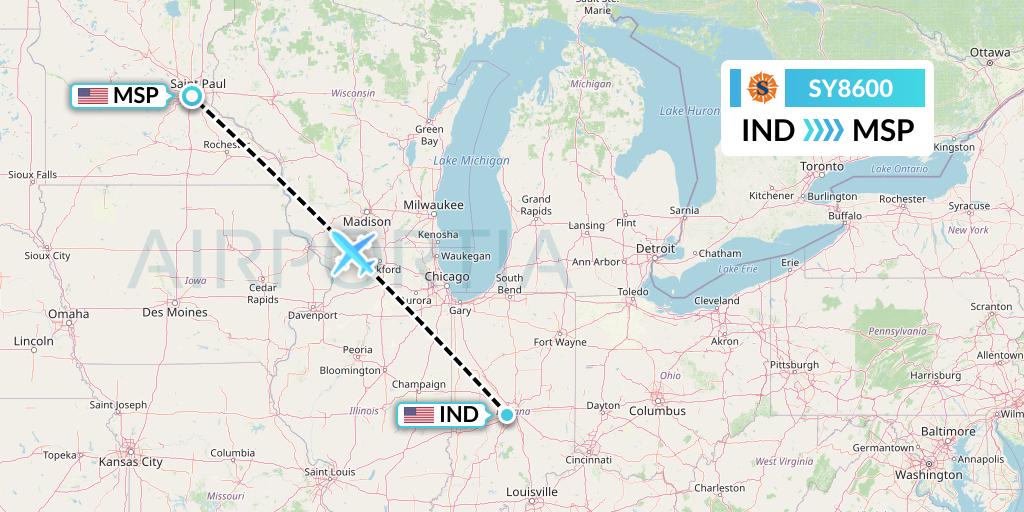 SY8600 Sun Country Airlines Flight Map: Indianapolis to Minneapolis