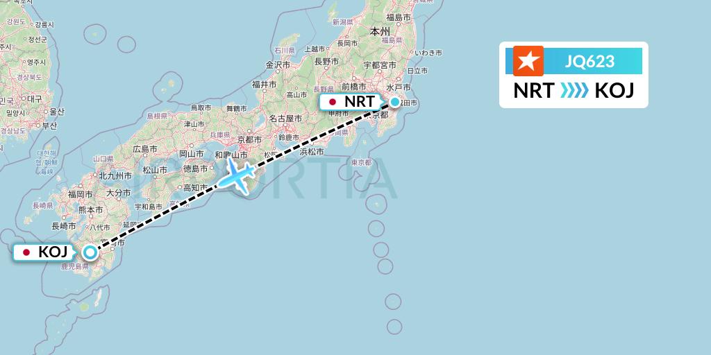 JQ623 Jetstar Airways Flight Map: Tokyo to Kagoshima