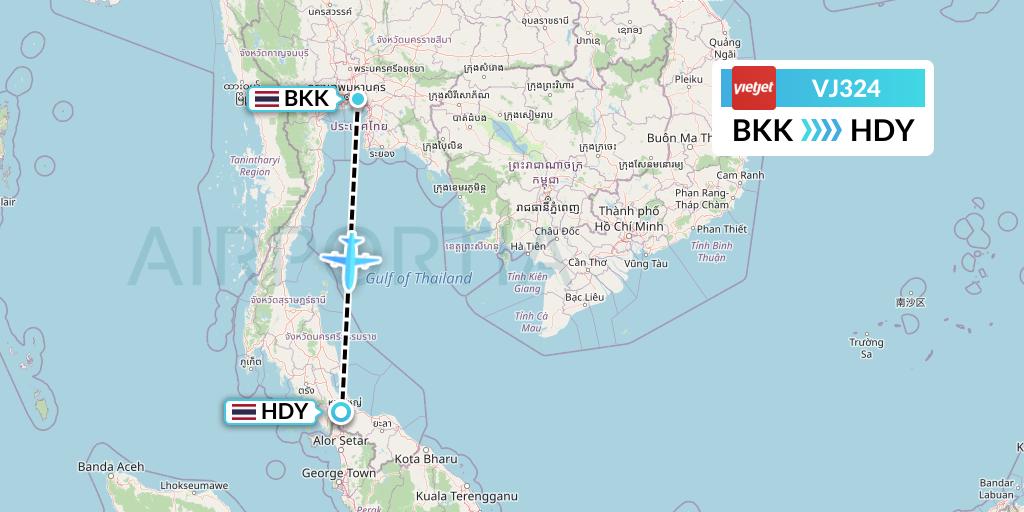 VJ324 VietJet Air Flight Map: Bangkok to Hat Yai