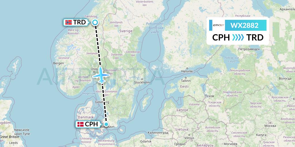 WX2882 Cityjet Flight Map: Copenhagen to Trondheim