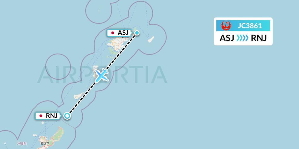 JC3861 Japan Air Commuter Flight Map: Amami to Yoronjima