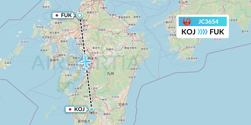 JC3654 Japan Air Commuter Flight Map: Kagoshima to Fukuoka