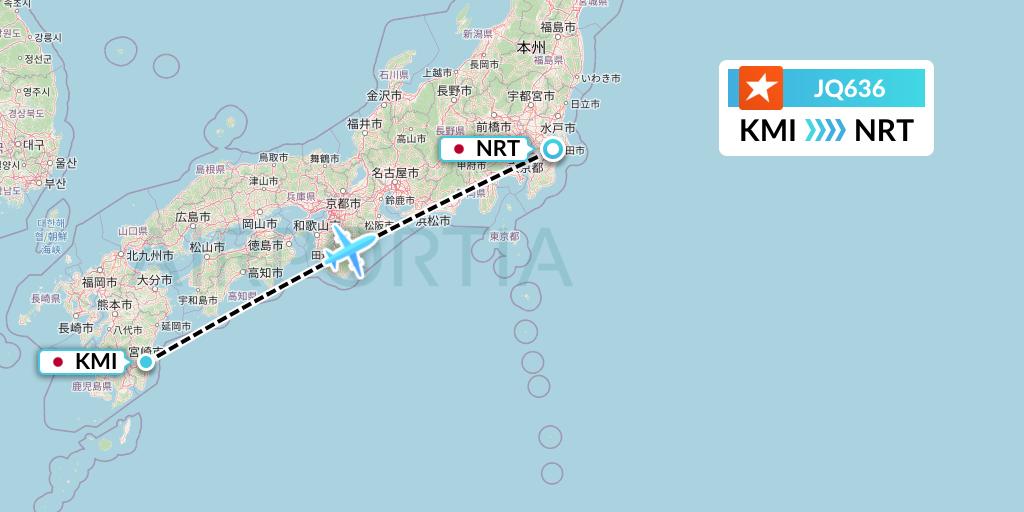 JQ636 Jetstar Airways Flight Map: Miyazaki to Tokyo