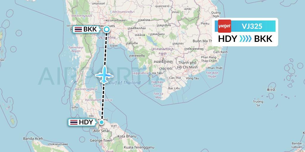 VJ325 VietJet Air Flight Map: Hat Yai to Bangkok