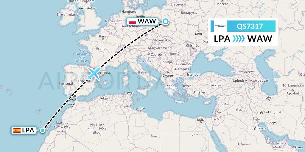 QS7317 Smartwings Flight Map: Las Palmas to Warsaw