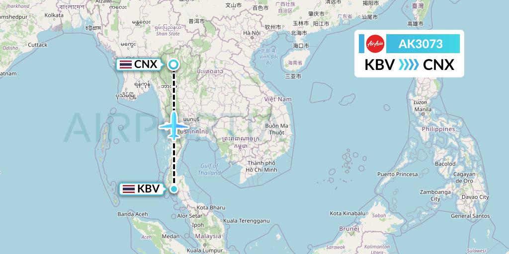 AK3073 AirAsia Flight Map: Krabi to Chiang Mai