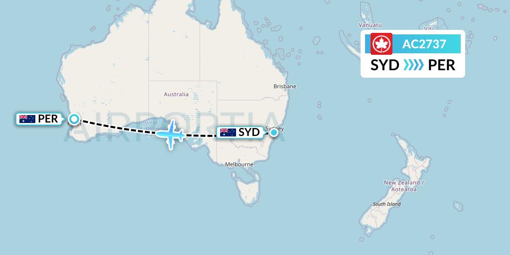 AC2737 Air Canada Flight Map: Sydney to Perth