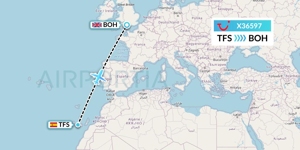 X36597 TUI fly Germany Flight Map: Tenerife to Bournemouth