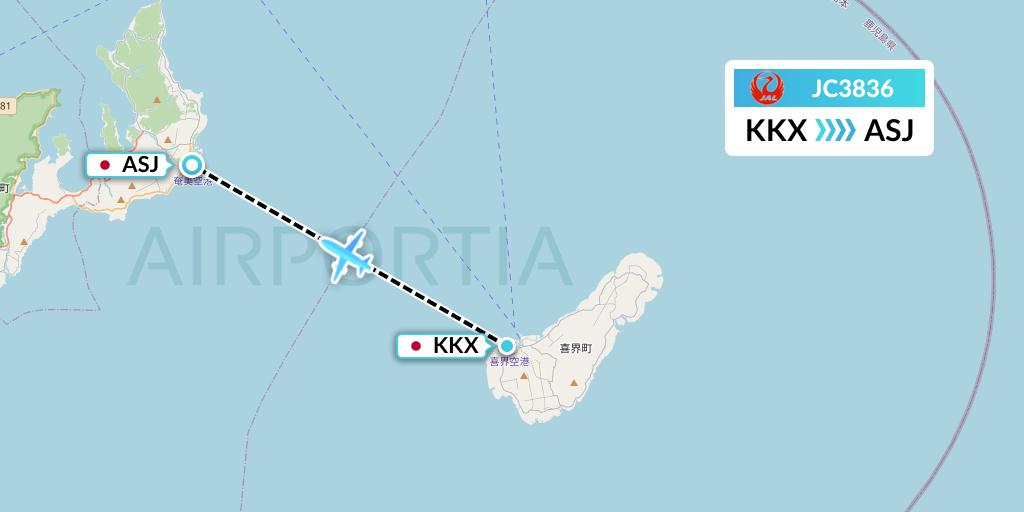 JC3836 Japan Air Commuter Flight Map: Japan to Amami