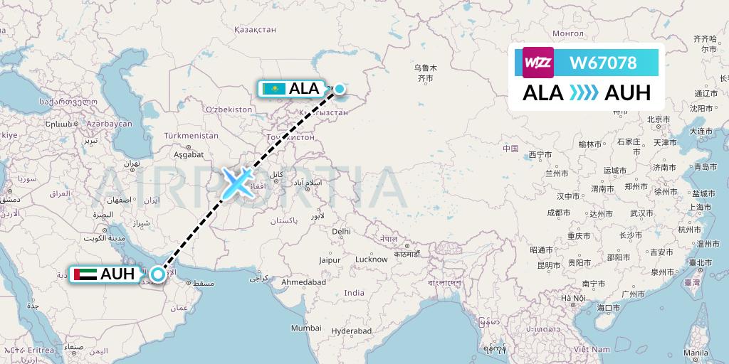 W67078 Wizz Air Flight Map: Almaty to Abu Dhabi