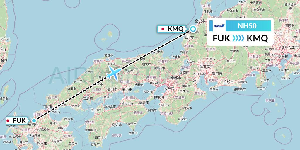 NH50 All Nippon Airways Flight Map: Fukuoka to Komatsu
