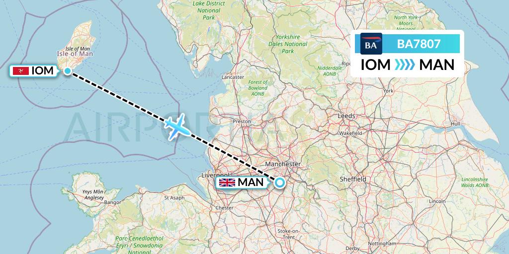 BA7807 British Airways Flight Map: Isle of Man to Manchester