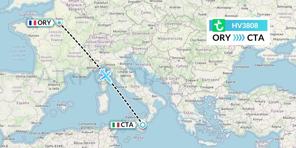 HV3808 Transavia Flight Map: Paris to Catania