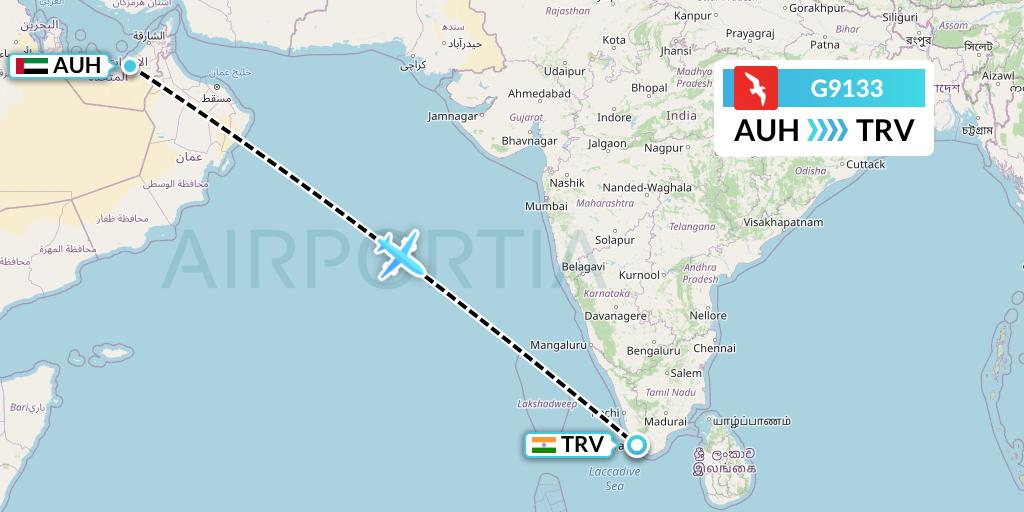G9133 Air Arabia Flight Map: Abu Dhabi to Thiruvananthapuram