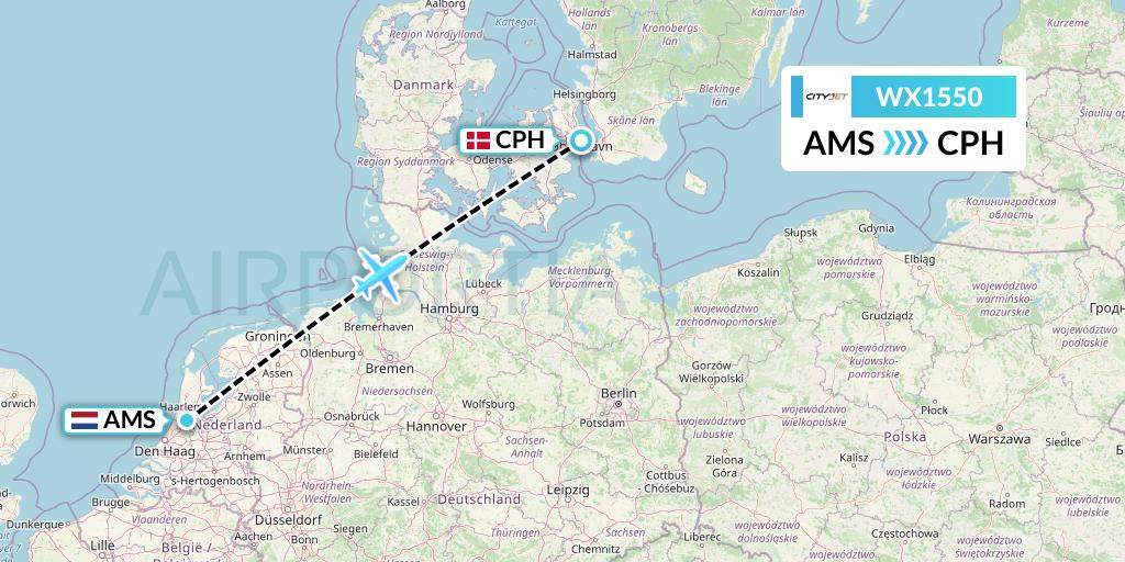 WX1550 Cityjet Flight Map: Amsterdam to Copenhagen