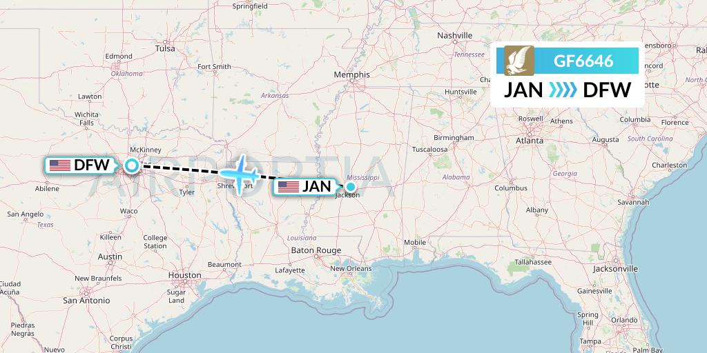 GF6646 Gulf Air Flight Map: Jackson to Dallas